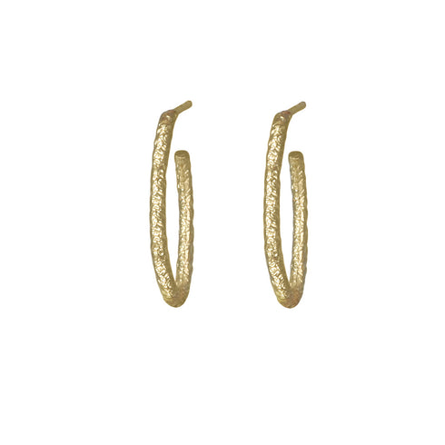 open hoop, post wire textured hoop earring as seen on HBO’s The Newsroom, in 18k yellow gold <span class='visuallyhidden'>Call, text 323-404-2959 for shopping help.</span>